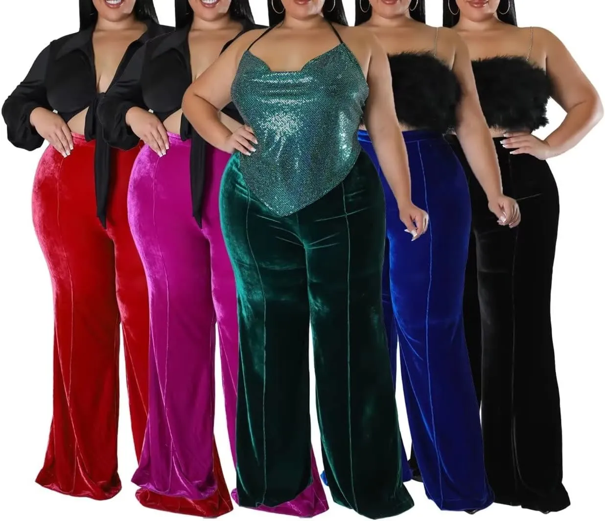 Aro Lora Womens Plus Size Velvet High Waist Bell Bottom Wide Leg Palazzo Flare Pant Trouser