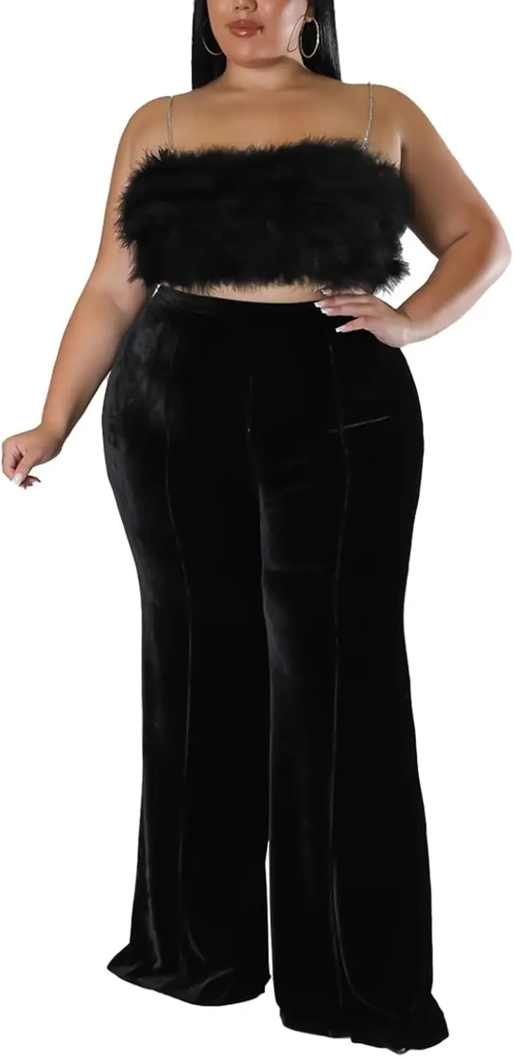 Aro Lora Womens Plus Size Velvet High Waist Bell Bottom Wide Leg Palazzo Flare Pant Trouser