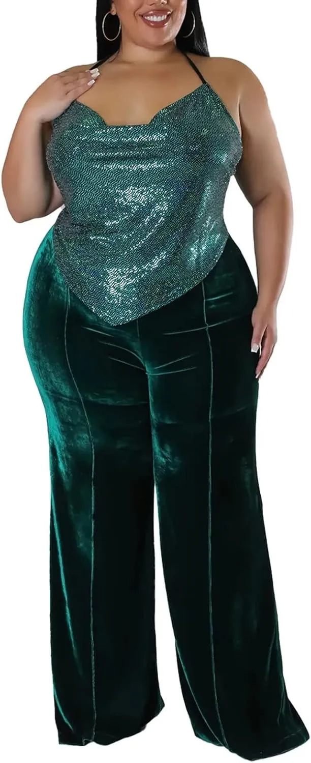Aro Lora Womens Plus Size Velvet High Waist Bell Bottom Wide Leg Palazzo Flare Pant Trouser
