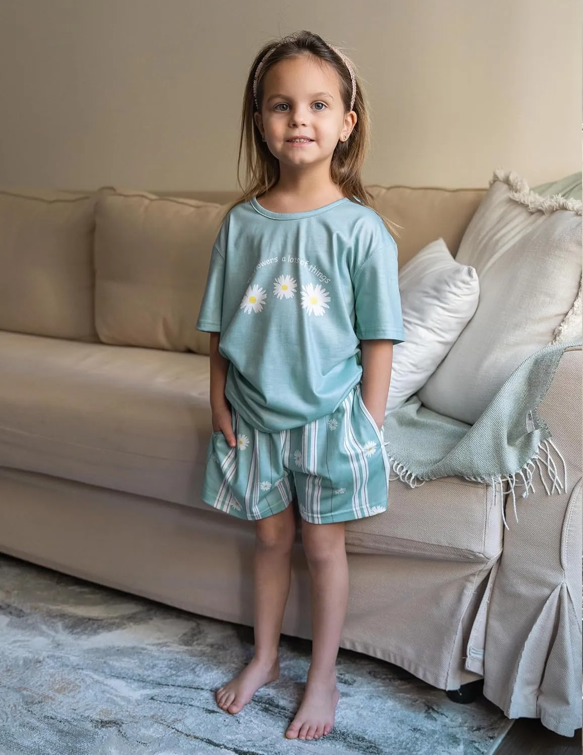 Arshiner Girls Pajama Set 3 Piece Short Sleeve Sleepwear Summer Soft Cute Pjs Outfits