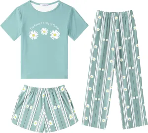 Arshiner Girls Pajama Set 3 Piece Short Sleeve Sleepwear Summer Soft Cute Pjs Outfits