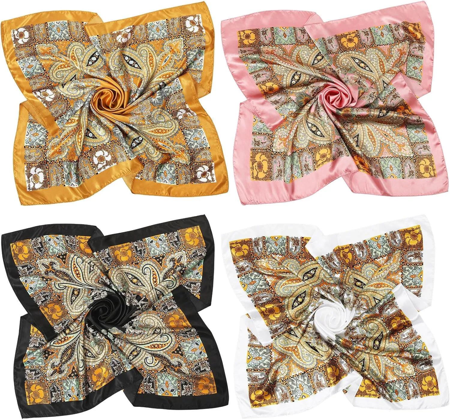 AWAYTR 35” Satin Large Square Head Scarves - 4PCS Silk Like Neck Scarf Hair Sleeping Wraps Satin Silk Scarfs for Women