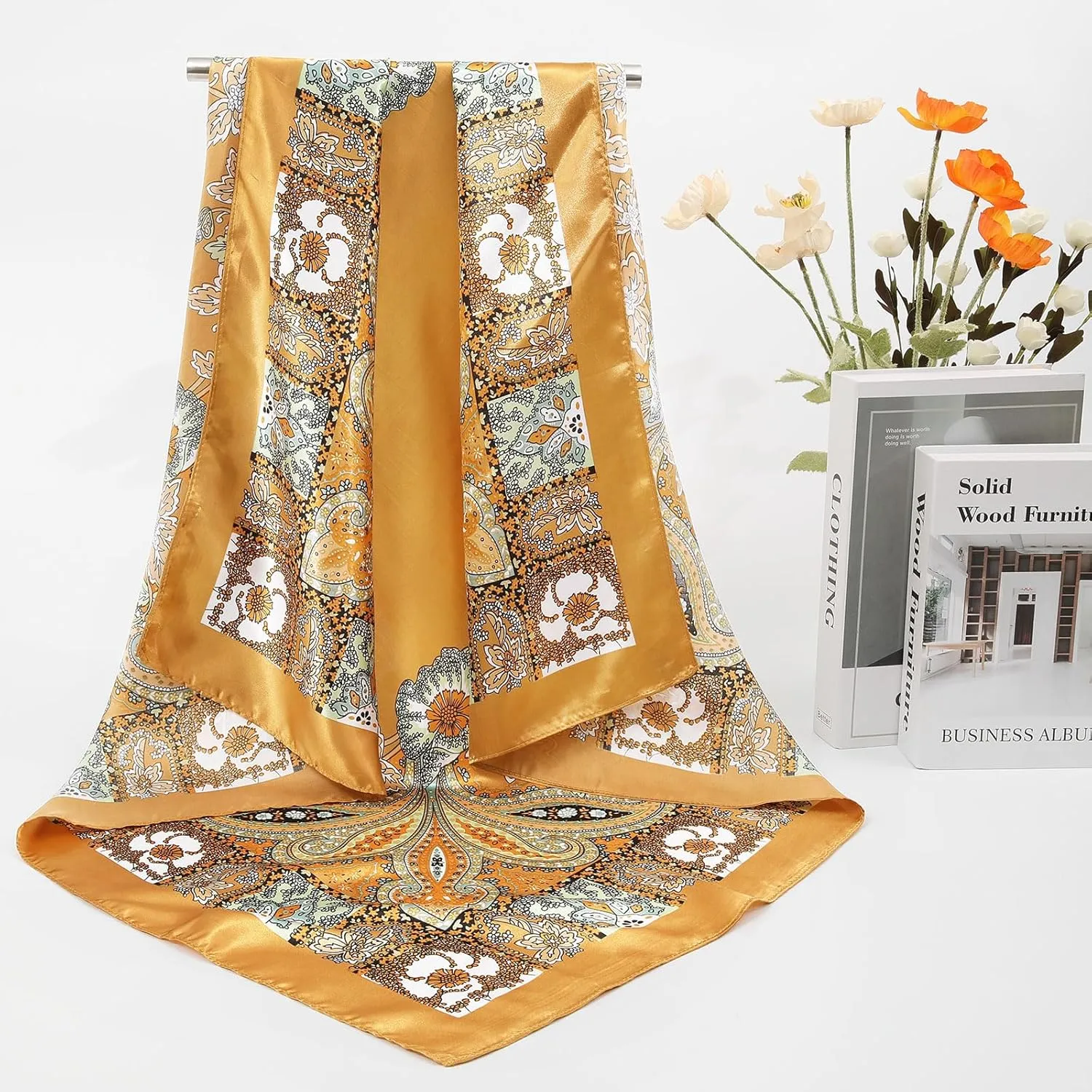 AWAYTR 35” Satin Large Square Head Scarves - 4PCS Silk Like Neck Scarf Hair Sleeping Wraps Satin Silk Scarfs for Women