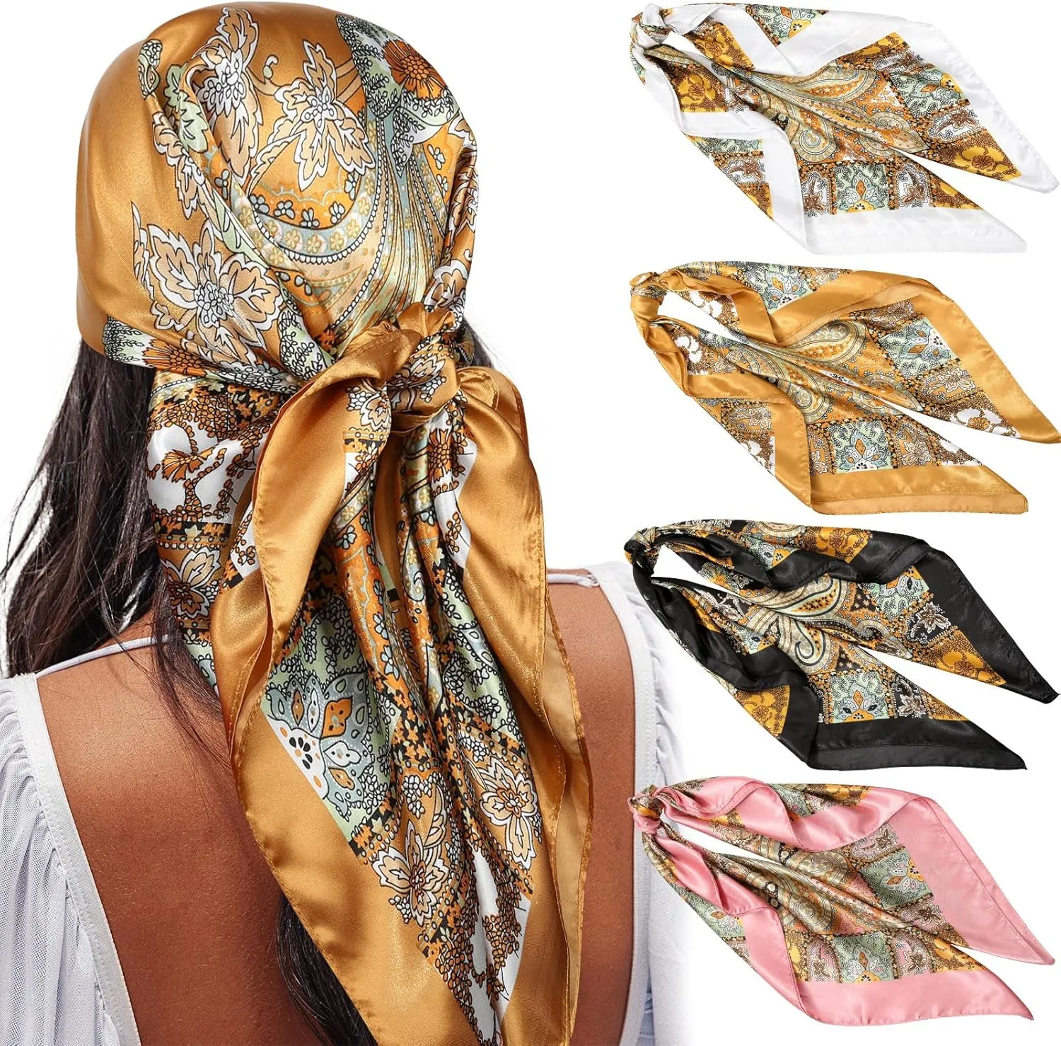 AWAYTR 35” Satin Large Square Head Scarves - 4PCS Silk Like Neck Scarf Hair Sleeping Wraps Satin Silk Scarfs for Women