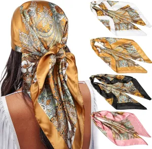 AWAYTR 35” Satin Large Square Head Scarves - 4PCS Silk Like Neck Scarf Hair Sleeping Wraps Satin Silk Scarfs for Women