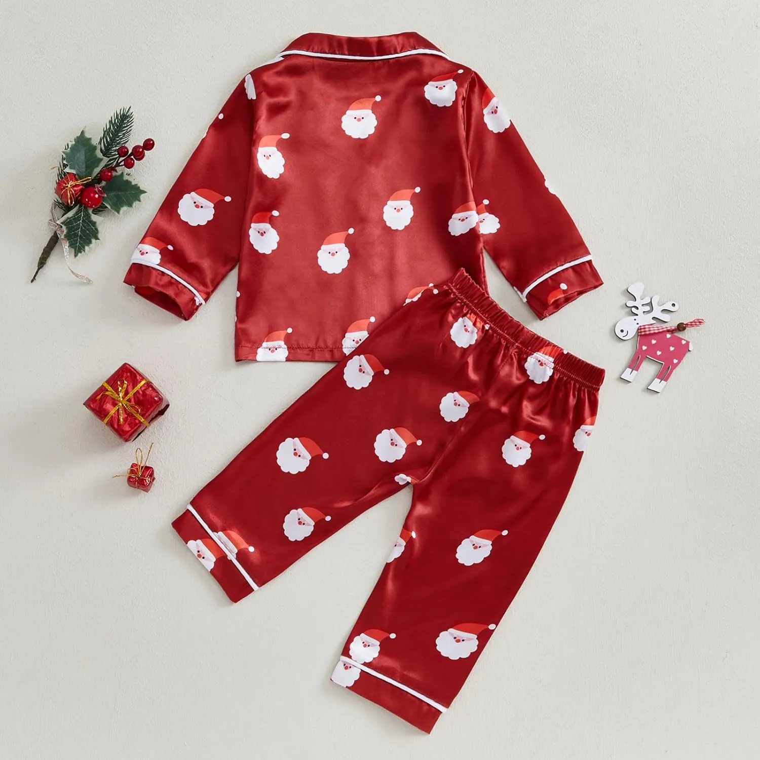 Baby Boy Girl Christmas Silk Pajamas Set Button Down Deer Santa Long Sleeve Shirts Tops and Pants Satin Pj Sets