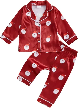 Baby Boy Girl Christmas Silk Pajamas Set Button Down Deer Santa Long Sleeve Shirts Tops and Pants Satin Pj Sets
