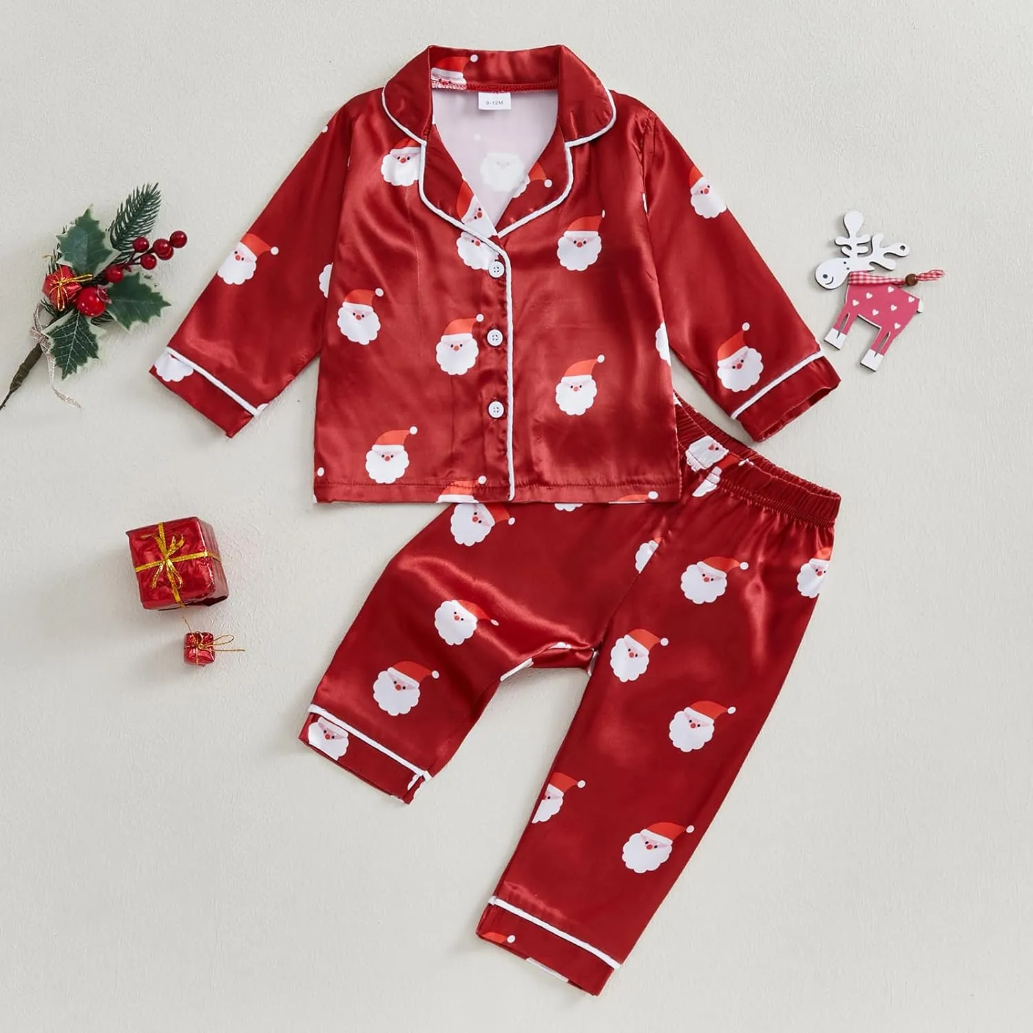 Baby Boy Girl Christmas Silk Pajamas Set Button Down Deer Santa Long Sleeve Shirts Tops and Pants Satin Pj Sets