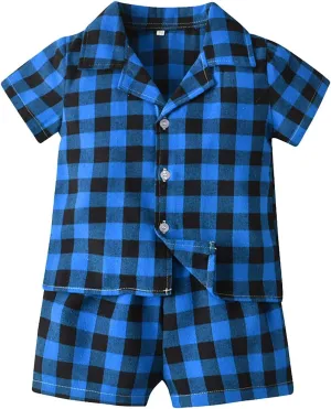 Baby Boys Girls Pa𝗷amas Set Plaid Lapel Short Sleeved Cotton Soft P𝗝s 2 Pack Slee𝗽wear Button Loun𝗴ewear N𝐢ghtwear