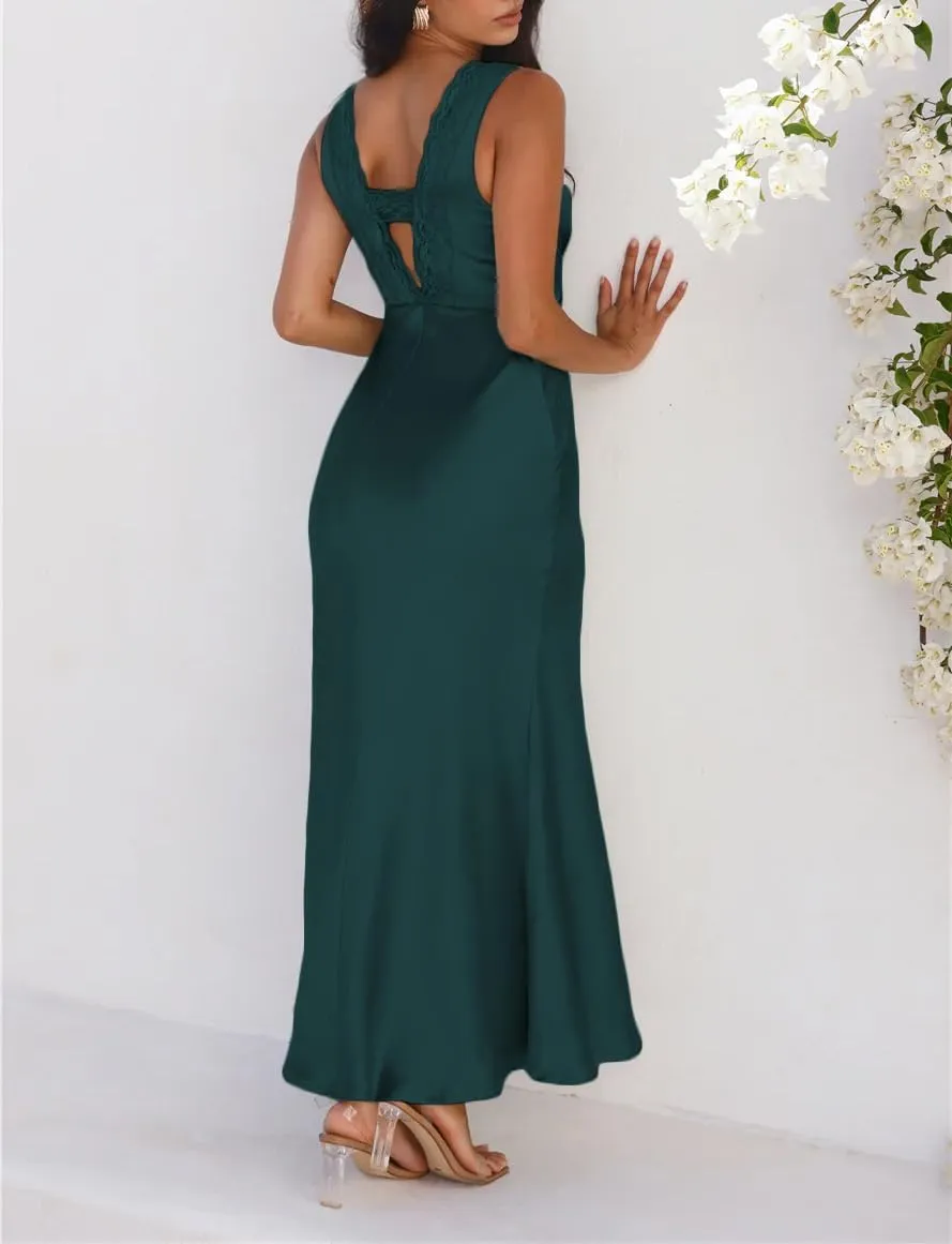 BAGONE Summer Satin Lace V Neck Backless Wedding Guest Maxi Dresses for Women Elegant Sleeveless Open Back Cocktail Dress