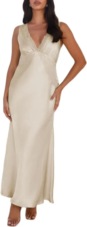 BAGONE Summer Satin Lace V Neck Backless Wedding Guest Maxi Dresses for Women Elegant Sleeveless Open Back Cocktail Dress