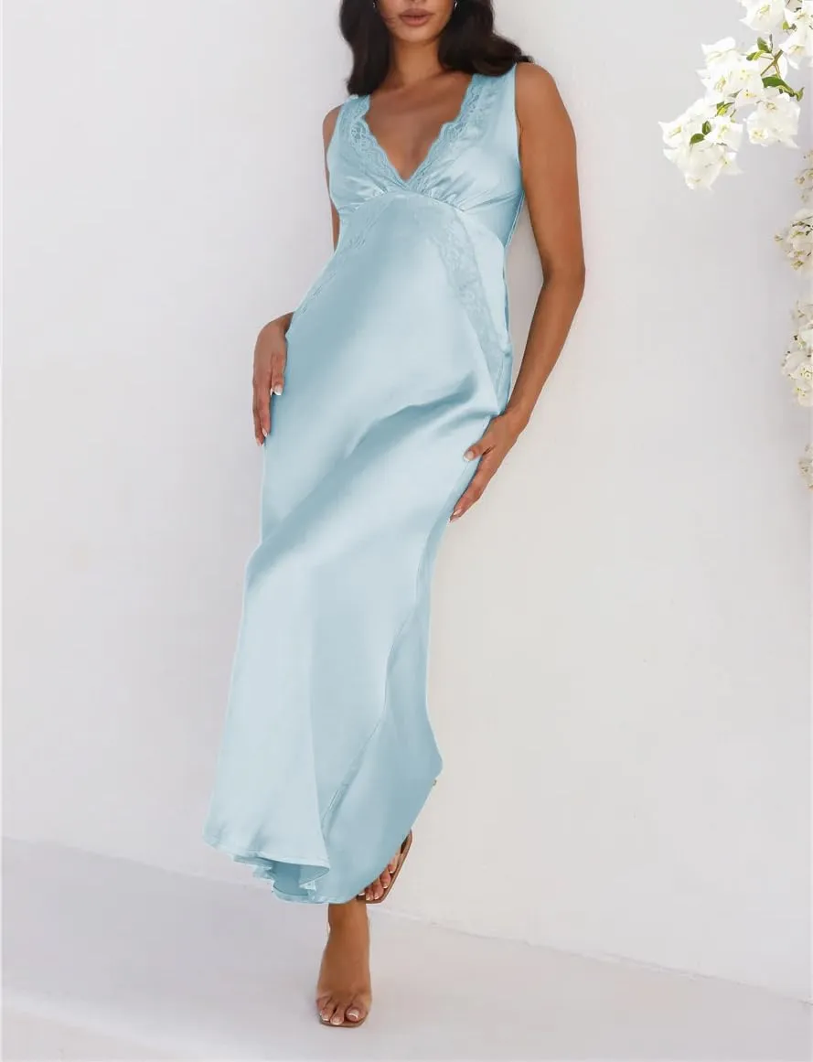 BAGONE Summer Satin Lace V Neck Backless Wedding Guest Maxi Dresses for Women Elegant Sleeveless Open Back Cocktail Dress