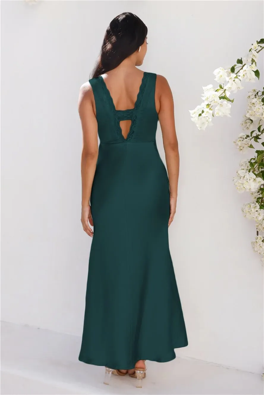 BAGONE Summer Satin Lace V Neck Backless Wedding Guest Maxi Dresses for Women Elegant Sleeveless Open Back Cocktail Dress