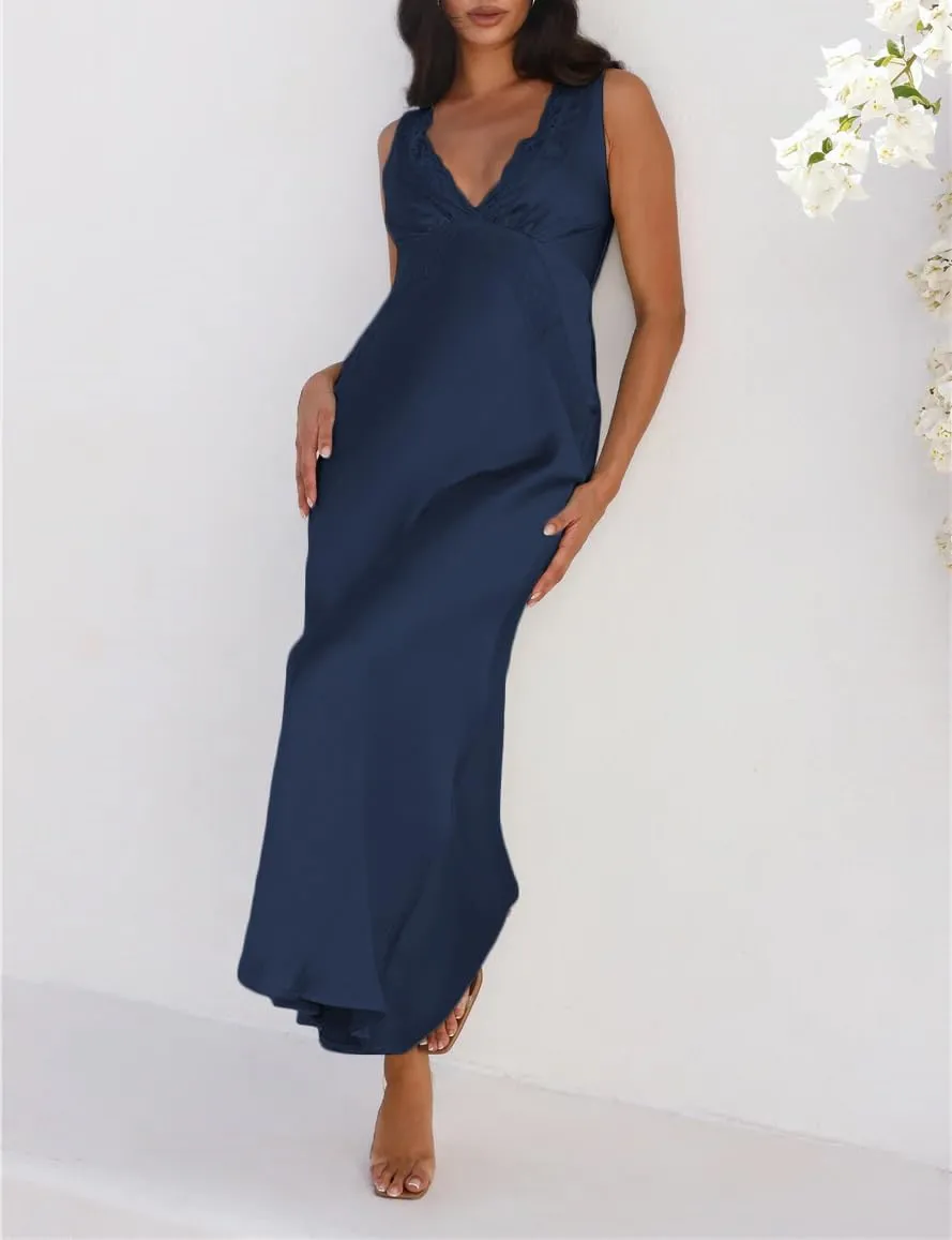 BAGONE Summer Satin Lace V Neck Backless Wedding Guest Maxi Dresses for Women Elegant Sleeveless Open Back Cocktail Dress