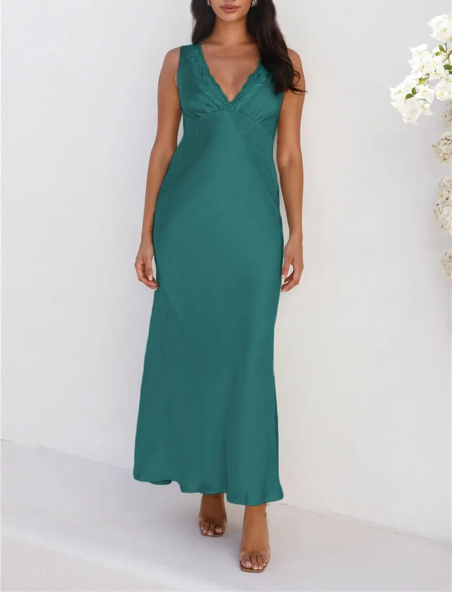 BAGONE Summer Satin Lace V Neck Backless Wedding Guest Maxi Dresses for Women Elegant Sleeveless Open Back Cocktail Dress