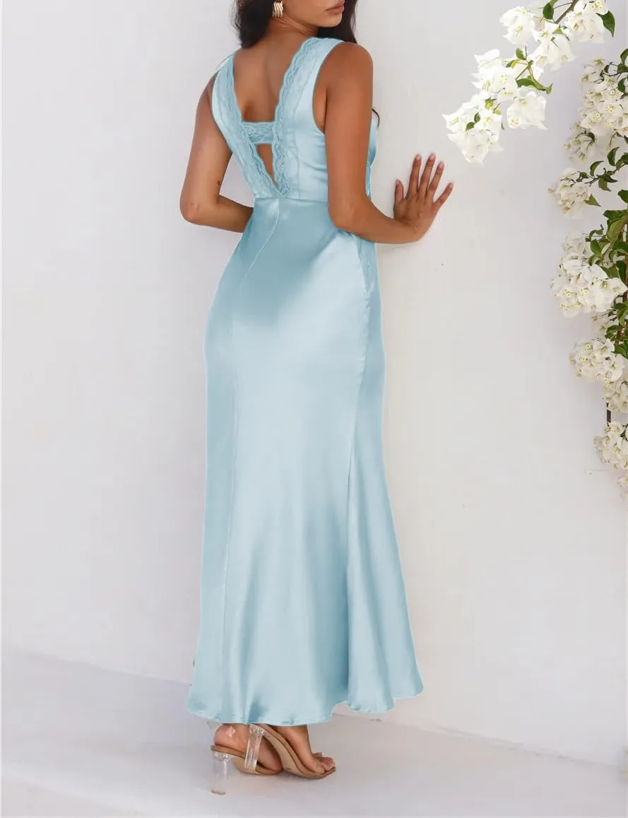BAGONE Summer Satin Lace V Neck Backless Wedding Guest Maxi Dresses for Women Elegant Sleeveless Open Back Cocktail Dress
