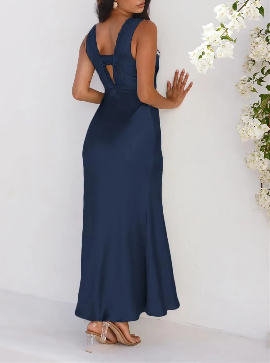 BAGONE Summer Satin Lace V Neck Backless Wedding Guest Maxi Dresses for Women Elegant Sleeveless Open Back Cocktail Dress