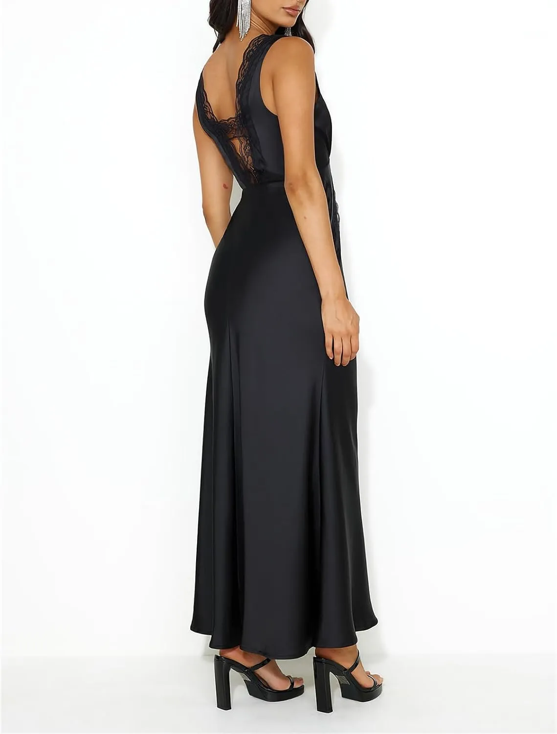 BAGONE Summer Satin Lace V Neck Backless Wedding Guest Maxi Dresses for Women Elegant Sleeveless Open Back Cocktail Dress