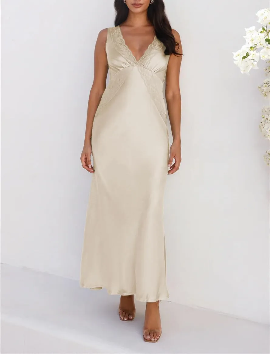 BAGONE Summer Satin Lace V Neck Backless Wedding Guest Maxi Dresses for Women Elegant Sleeveless Open Back Cocktail Dress