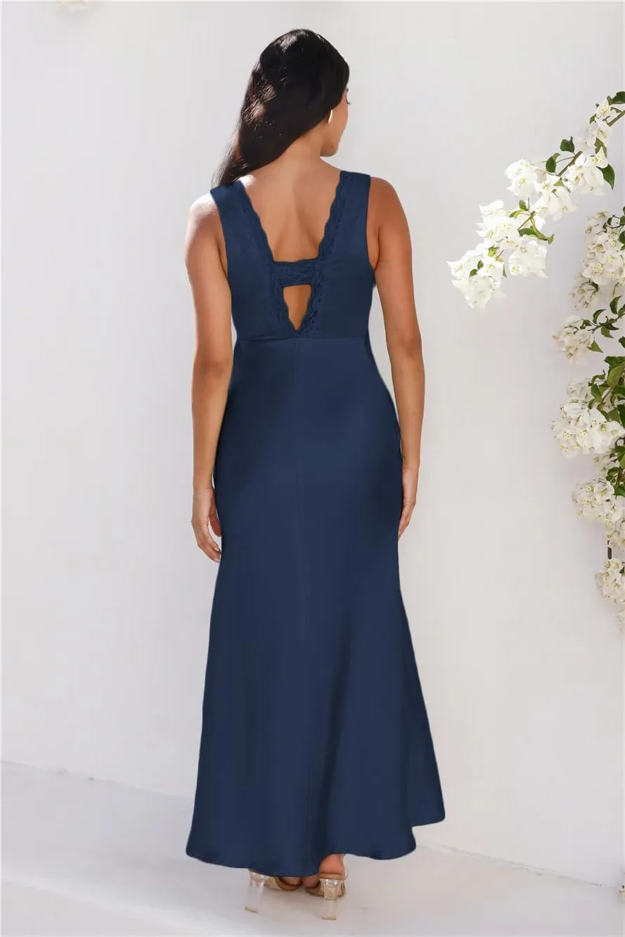 BAGONE Summer Satin Lace V Neck Backless Wedding Guest Maxi Dresses for Women Elegant Sleeveless Open Back Cocktail Dress