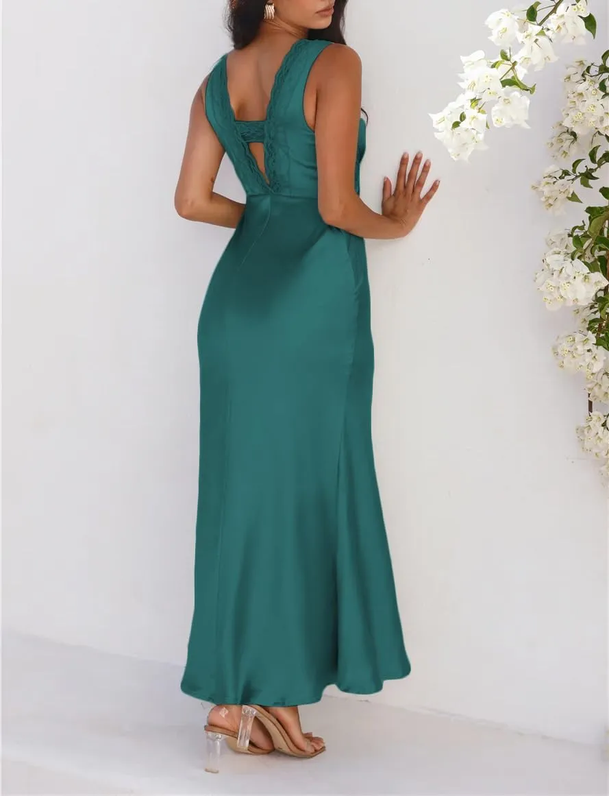 BAGONE Summer Satin Lace V Neck Backless Wedding Guest Maxi Dresses for Women Elegant Sleeveless Open Back Cocktail Dress