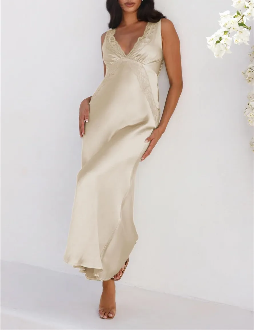 BAGONE Summer Satin Lace V Neck Backless Wedding Guest Maxi Dresses for Women Elegant Sleeveless Open Back Cocktail Dress