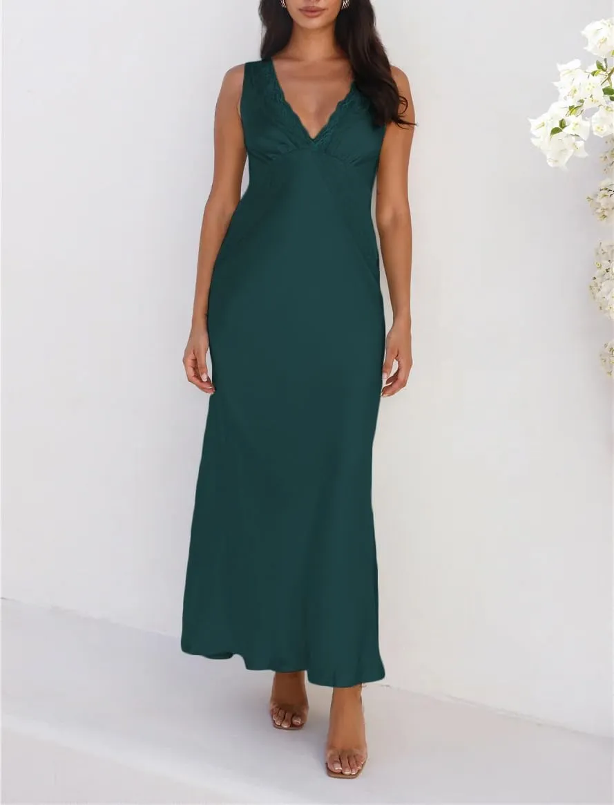 BAGONE Summer Satin Lace V Neck Backless Wedding Guest Maxi Dresses for Women Elegant Sleeveless Open Back Cocktail Dress