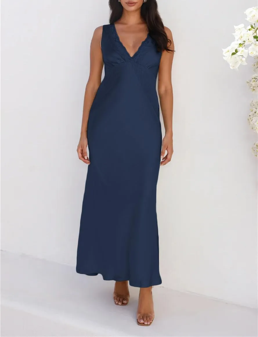 BAGONE Summer Satin Lace V Neck Backless Wedding Guest Maxi Dresses for Women Elegant Sleeveless Open Back Cocktail Dress