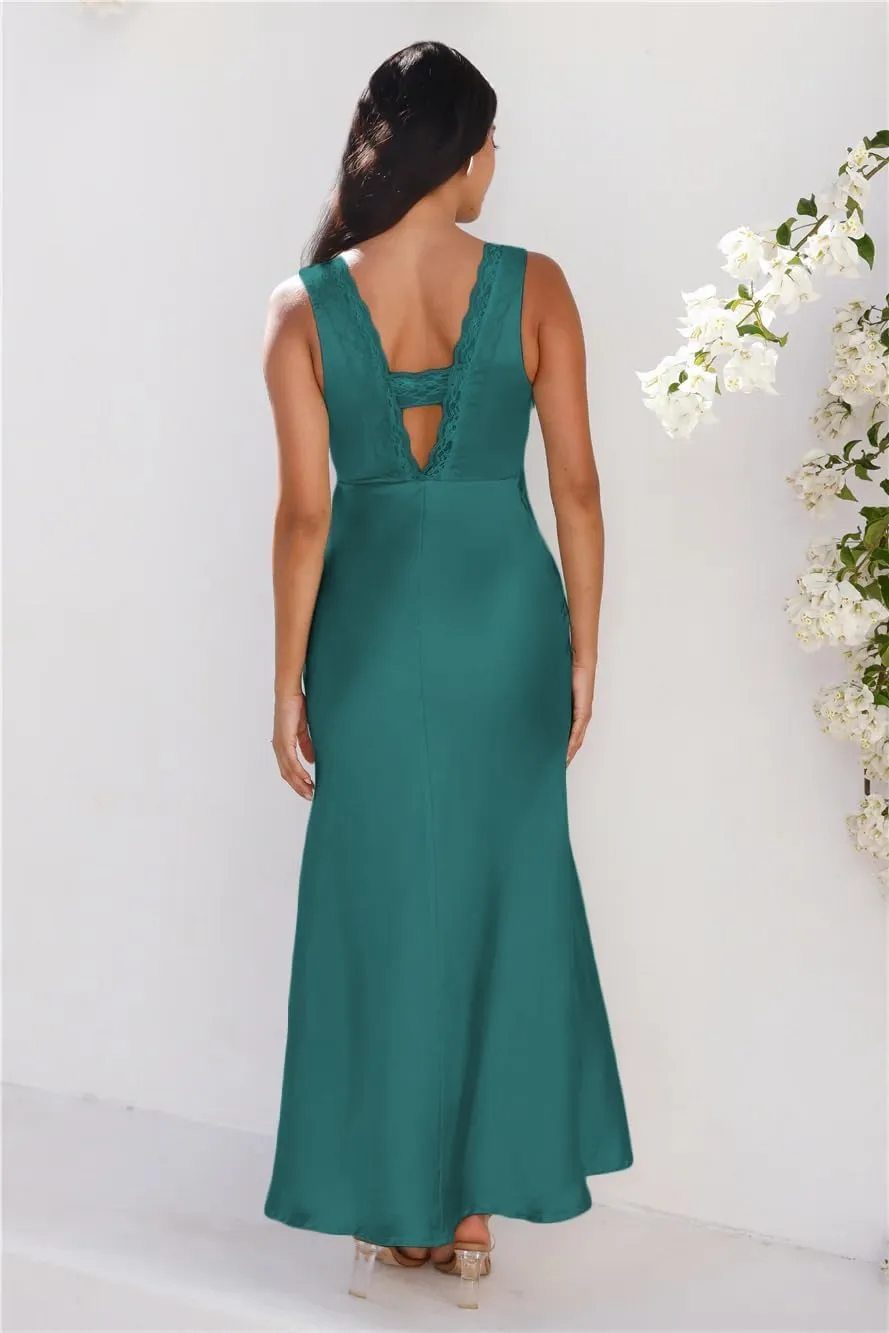 BAGONE Summer Satin Lace V Neck Backless Wedding Guest Maxi Dresses for Women Elegant Sleeveless Open Back Cocktail Dress