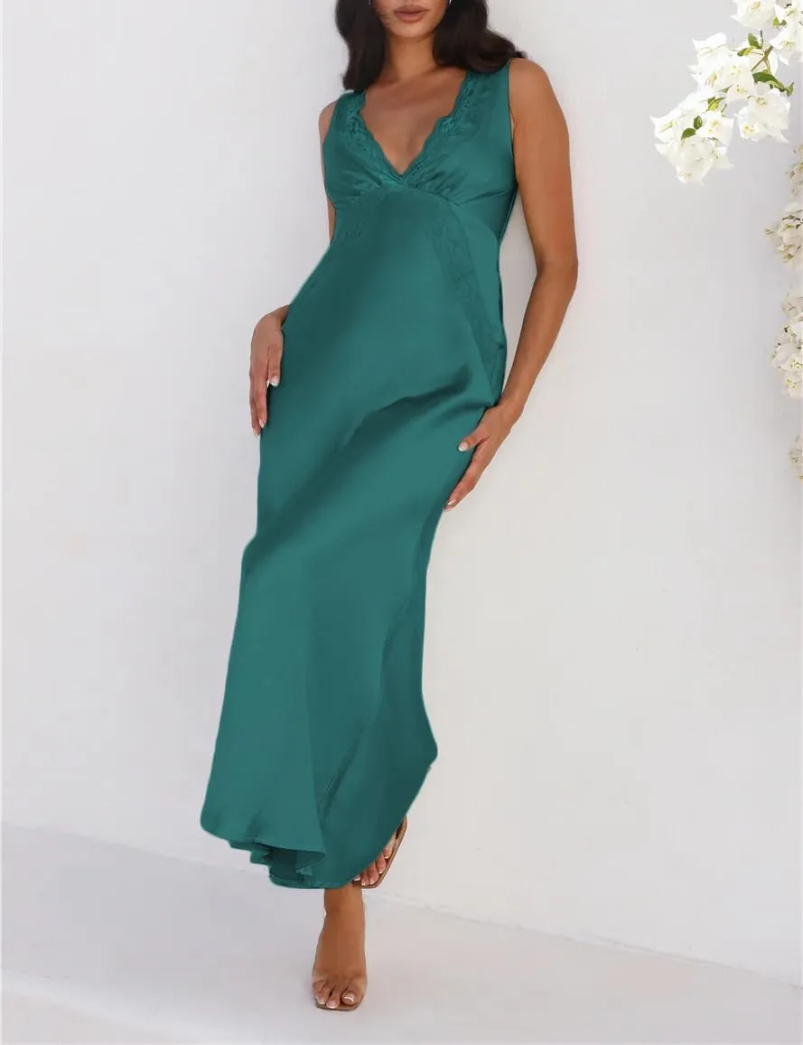BAGONE Summer Satin Lace V Neck Backless Wedding Guest Maxi Dresses for Women Elegant Sleeveless Open Back Cocktail Dress