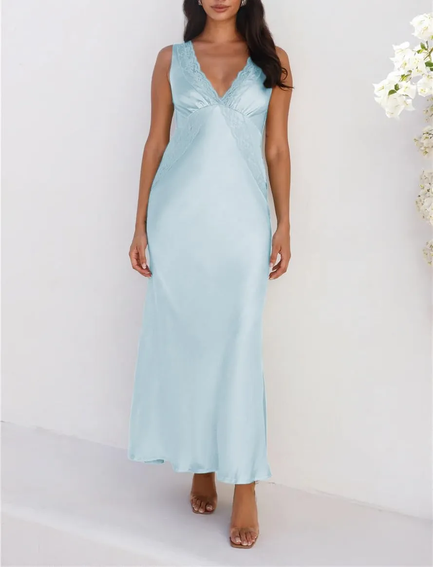 BAGONE Summer Satin Lace V Neck Backless Wedding Guest Maxi Dresses for Women Elegant Sleeveless Open Back Cocktail Dress