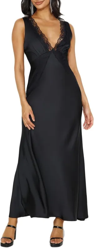BAGONE Summer Satin Lace V Neck Backless Wedding Guest Maxi Dresses for Women Elegant Sleeveless Open Back Cocktail Dress