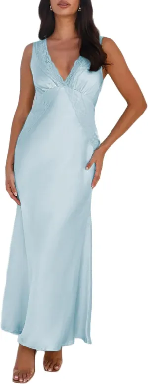 BAGONE Summer Satin Lace V Neck Backless Wedding Guest Maxi Dresses for Women Elegant Sleeveless Open Back Cocktail Dress
