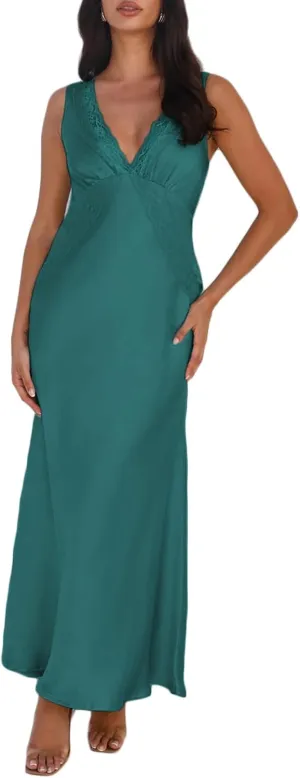 BAGONE Summer Satin Lace V Neck Backless Wedding Guest Maxi Dresses for Women Elegant Sleeveless Open Back Cocktail Dress
