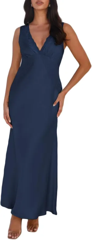 BAGONE Summer Satin Lace V Neck Backless Wedding Guest Maxi Dresses for Women Elegant Sleeveless Open Back Cocktail Dress