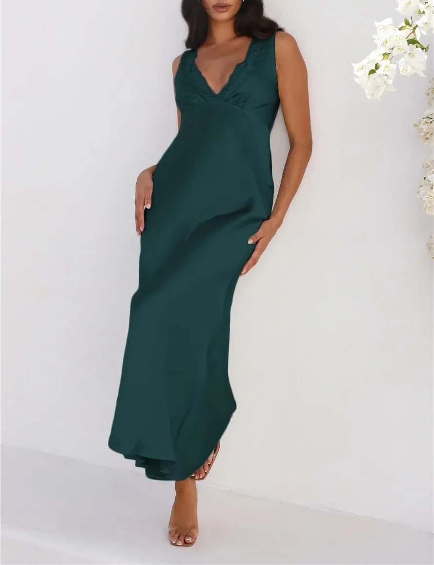 BAGONE Summer Satin Lace V Neck Backless Wedding Guest Maxi Dresses for Women Elegant Sleeveless Open Back Cocktail Dress
