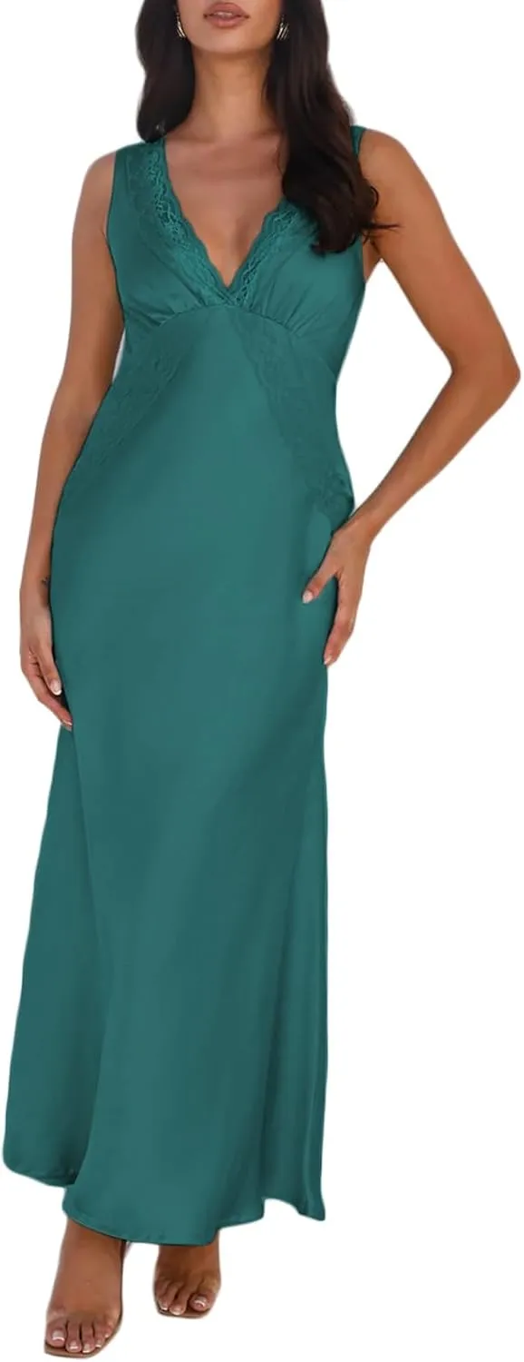BAGONE Summer Satin Lace V Neck Backless Wedding Guest Maxi Dresses for Women Elegant Sleeveless Open Back Cocktail Dress
