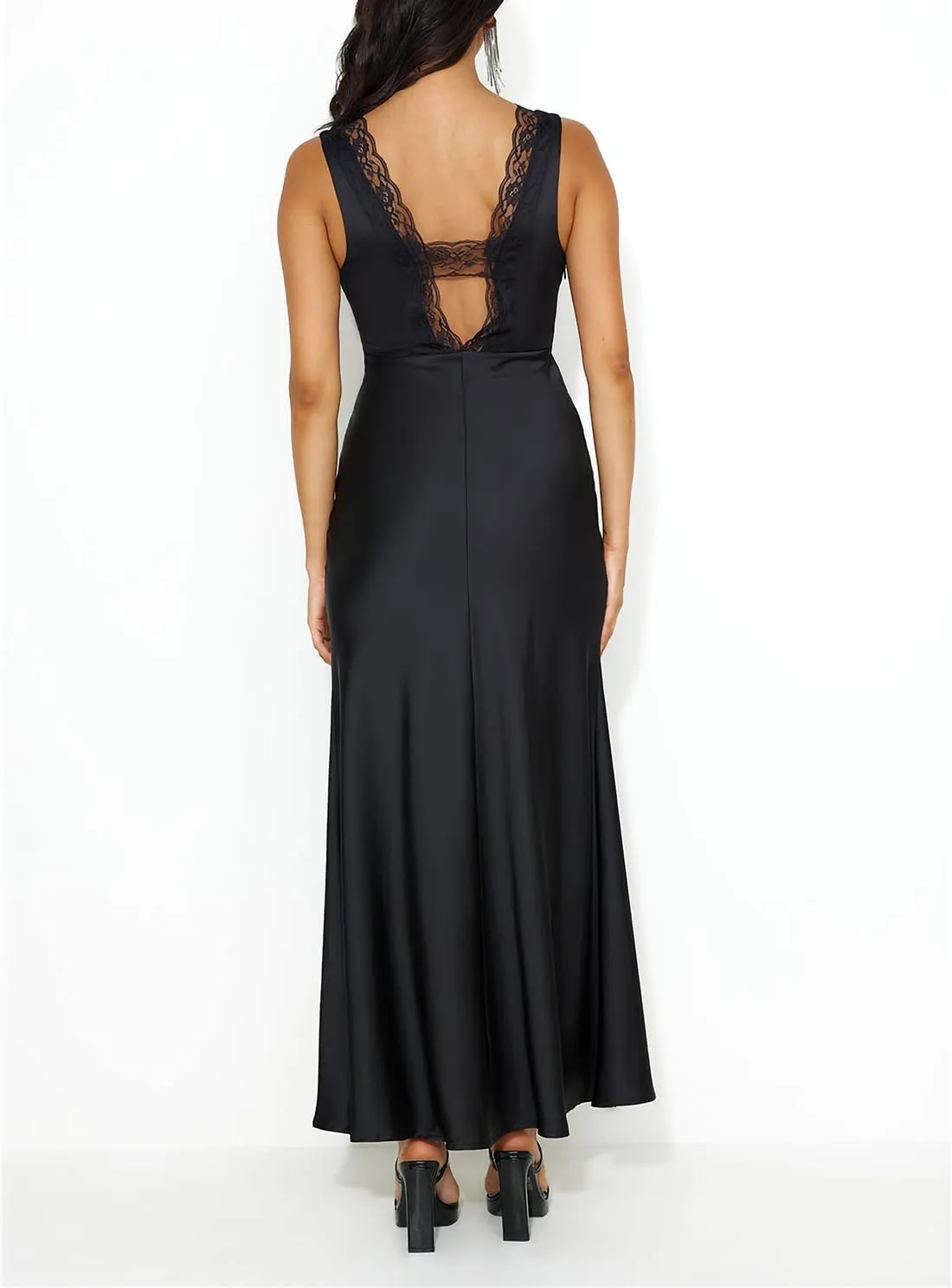 BAGONE Summer Satin Lace V Neck Backless Wedding Guest Maxi Dresses for Women Elegant Sleeveless Open Back Cocktail Dress