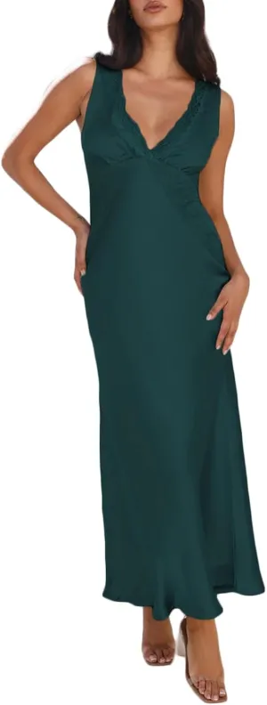 BAGONE Summer Satin Lace V Neck Backless Wedding Guest Maxi Dresses for Women Elegant Sleeveless Open Back Cocktail Dress