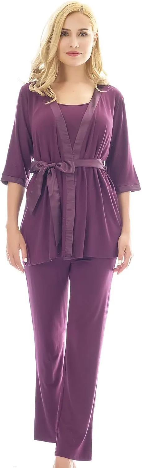 Bearsland Maternity Women's 3 Pieces Soft Nursing Pajamas Set Postpartum Sleepwear for Breastfeeding