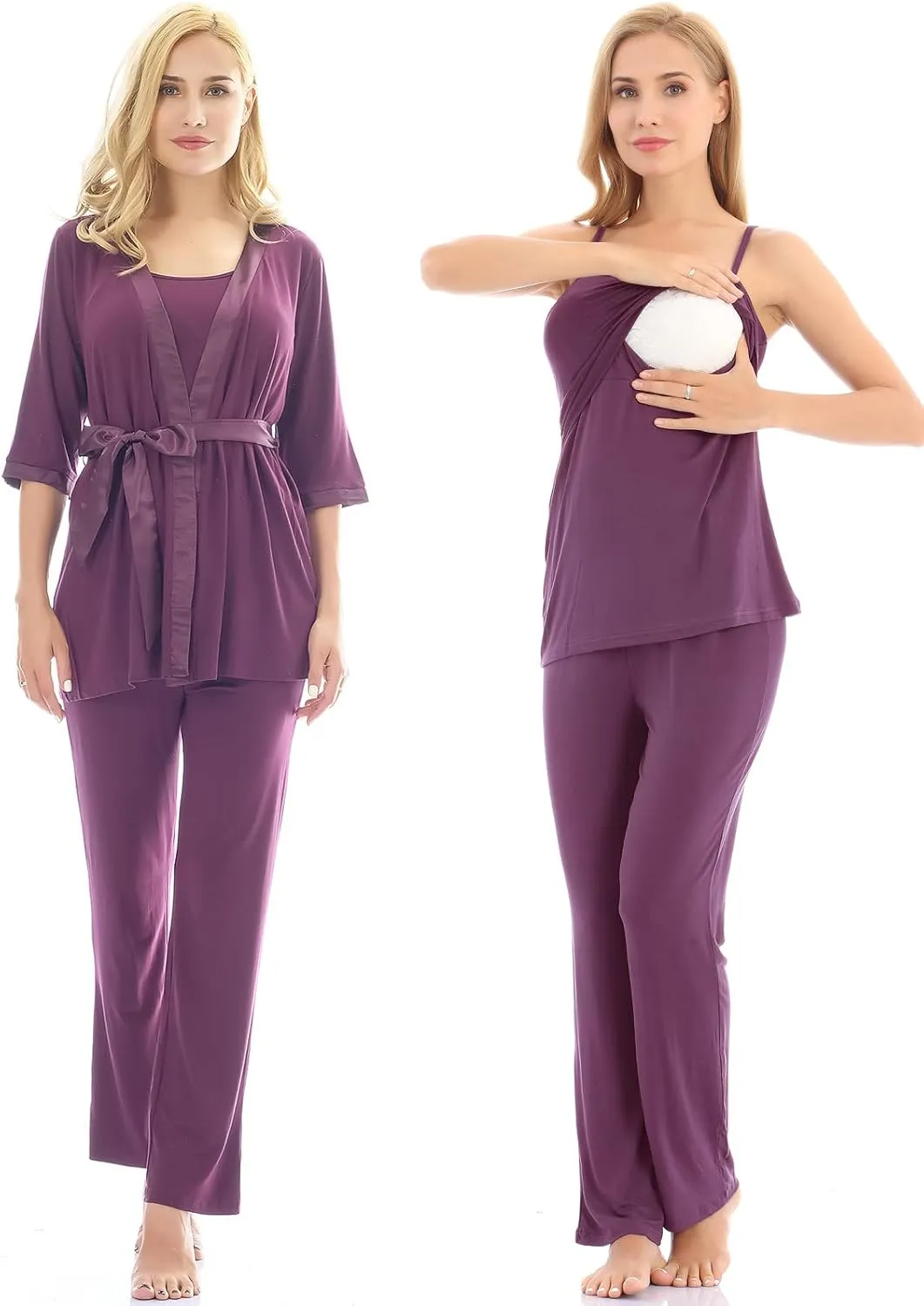 Bearsland Maternity Women's 3 Pieces Soft Nursing Pajamas Set Postpartum Sleepwear for Breastfeeding