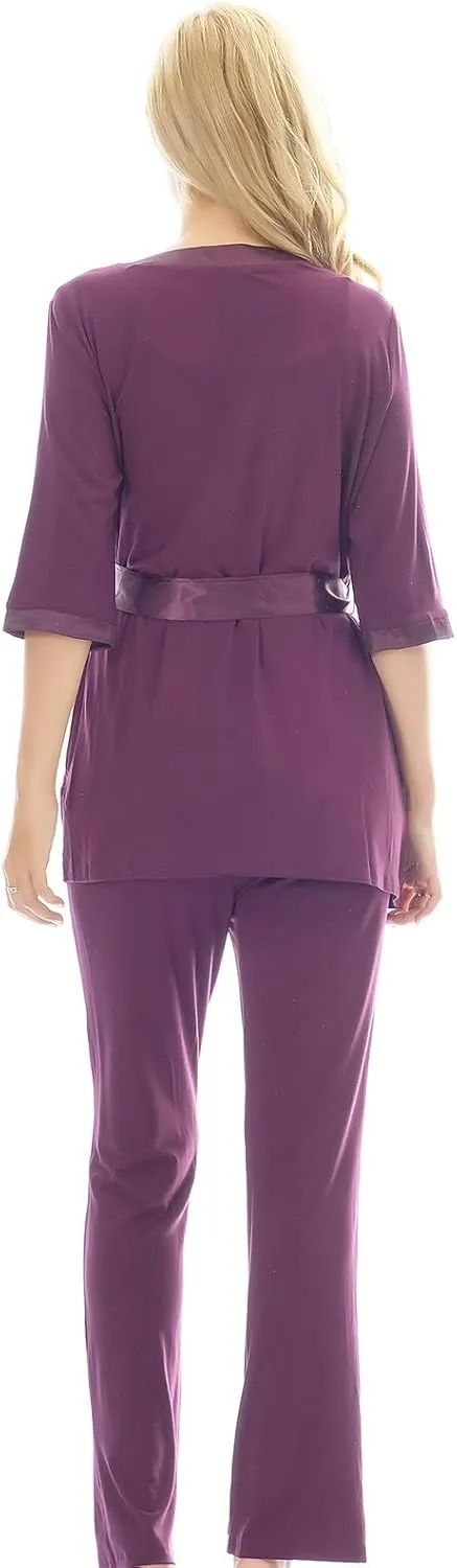 Bearsland Maternity Women's 3 Pieces Soft Nursing Pajamas Set Postpartum Sleepwear for Breastfeeding