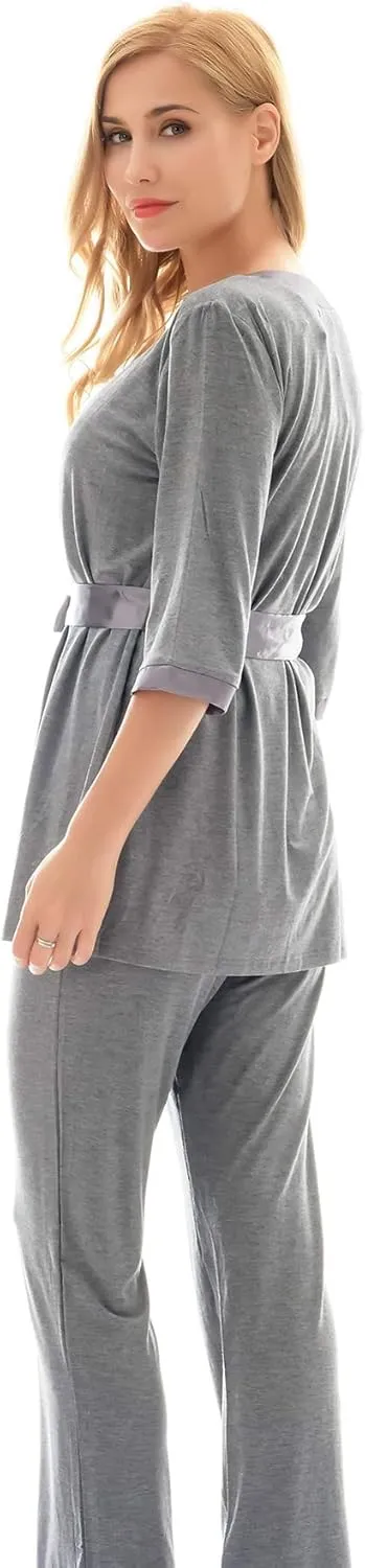 Bearsland Maternity Women's 3 Pieces Soft Nursing Pajamas Set Postpartum Sleepwear for Breastfeeding