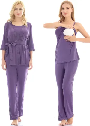 Bearsland Maternity Women's 3 Pieces Soft Nursing Pajamas Set Postpartum Sleepwear for Breastfeeding