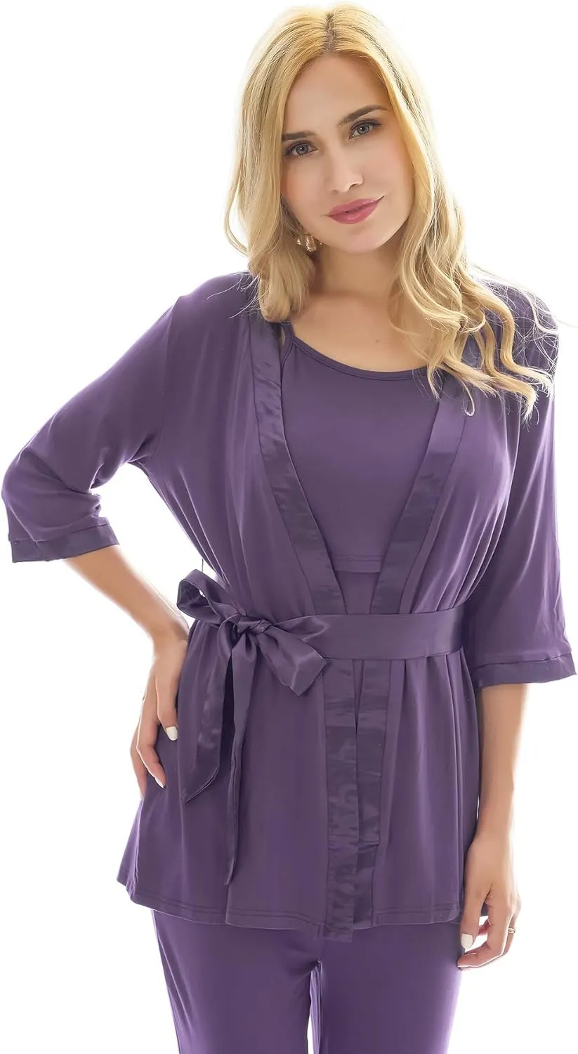 Bearsland Maternity Women's 3 Pieces Soft Nursing Pajamas Set Postpartum Sleepwear for Breastfeeding