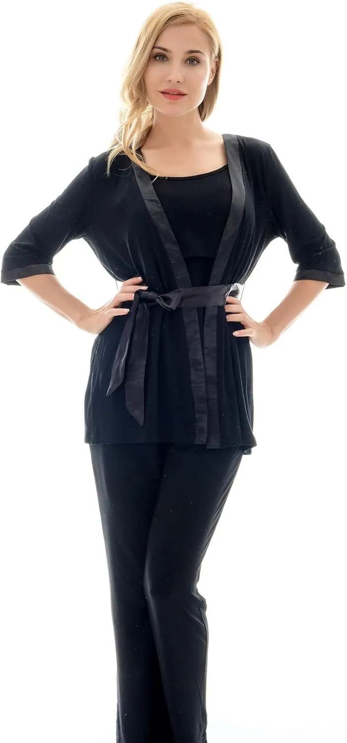 Bearsland Maternity Women's 3 Pieces Soft Nursing Pajamas Set Postpartum Sleepwear for Breastfeeding