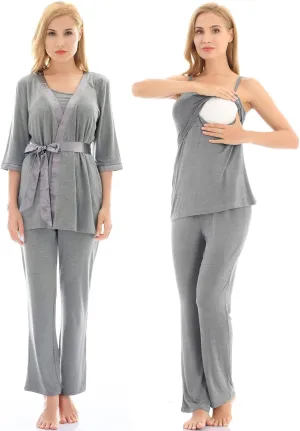 Bearsland Maternity Women's 3 Pieces Soft Nursing Pajamas Set Postpartum Sleepwear for Breastfeeding
