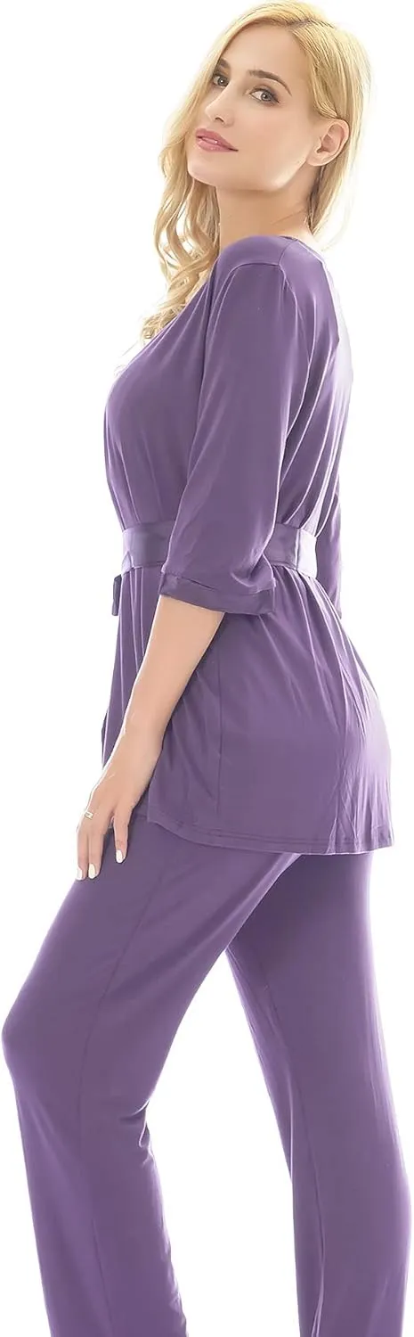 Bearsland Maternity Women's 3 Pieces Soft Nursing Pajamas Set Postpartum Sleepwear for Breastfeeding