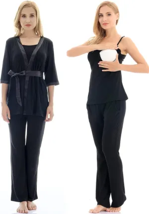 Bearsland Maternity Women's 3 Pieces Soft Nursing Pajamas Set Postpartum Sleepwear for Breastfeeding