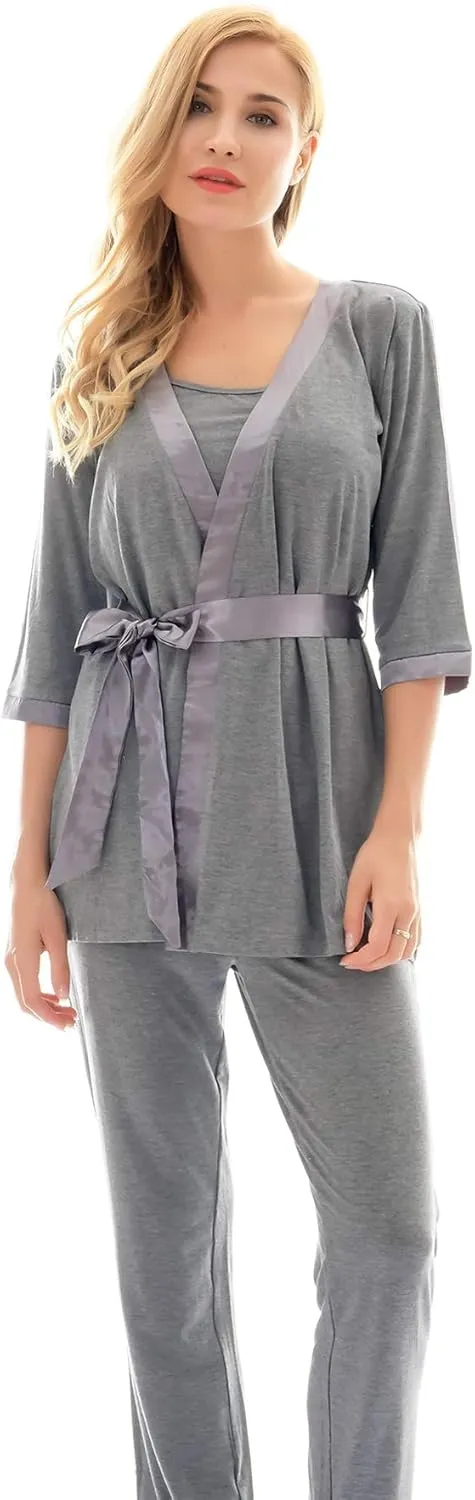 Bearsland Maternity Women's 3 Pieces Soft Nursing Pajamas Set Postpartum Sleepwear for Breastfeeding